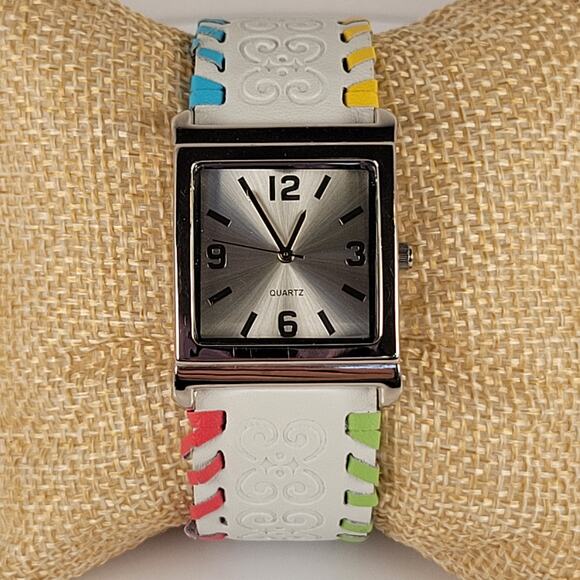 Silver Quartz Watch with Embossed Cuff White Leather Strap and Multicolor Design - Picture 16 of 16